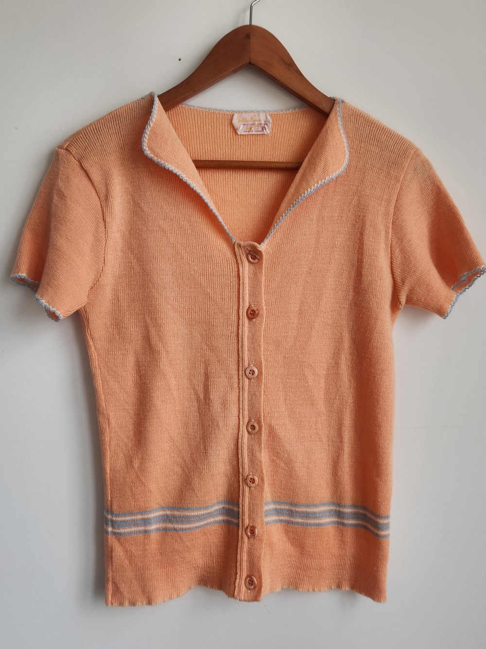 Vintage Peach Knit Button-Up Short Sleeve Top, Medium